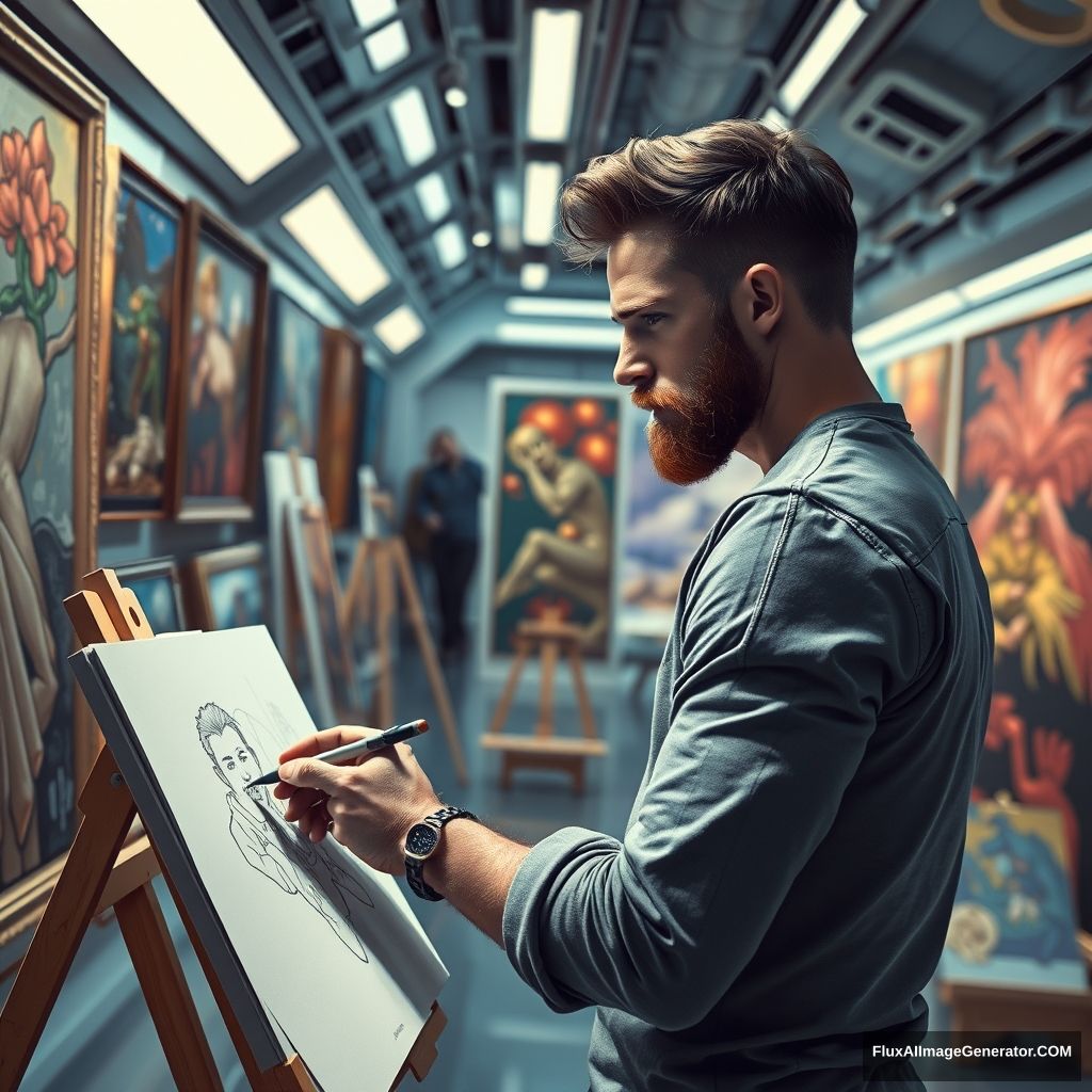 Sharp, detailed image of a male artist who looks exactly like Chris Evans, sketching in a futuristic art gallery filled with paintings.