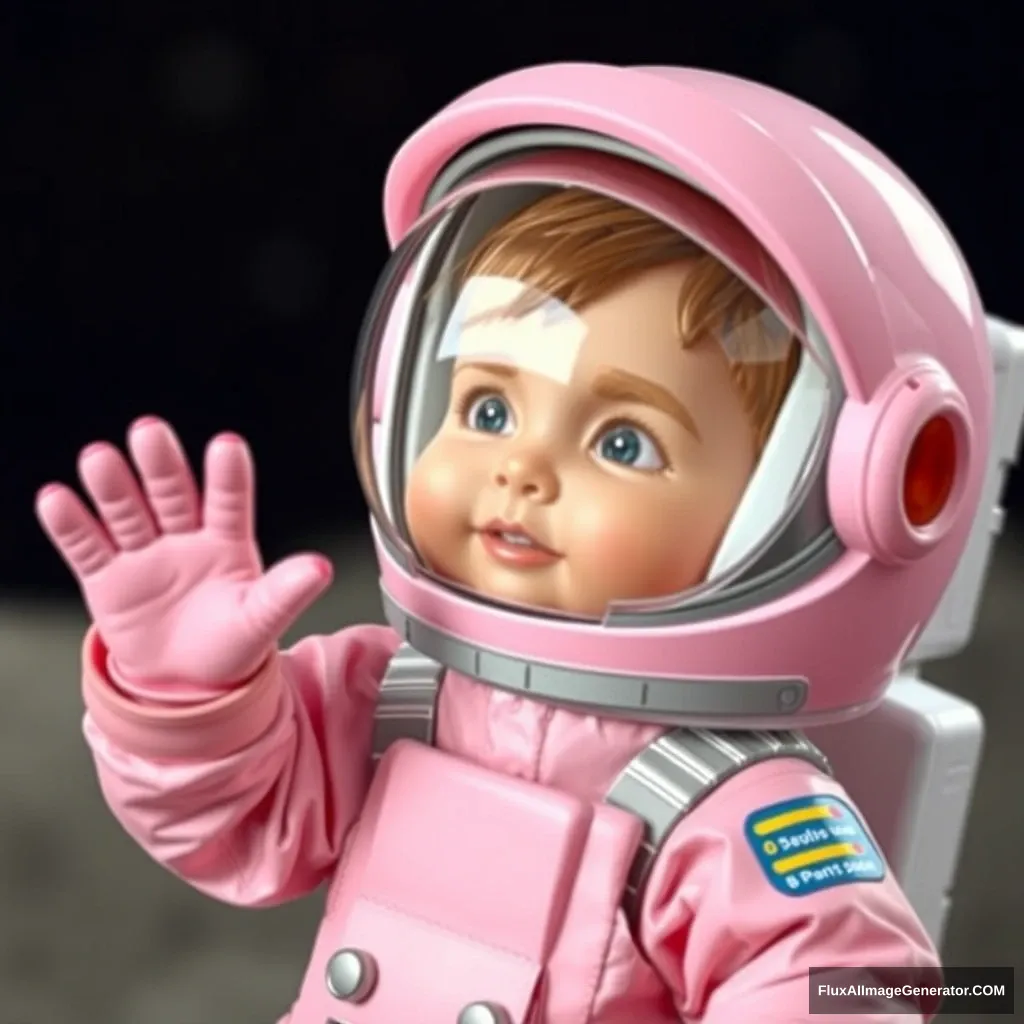 Adorable little astronaut. Pink spacesuit. Greeting with one hand up. - Image