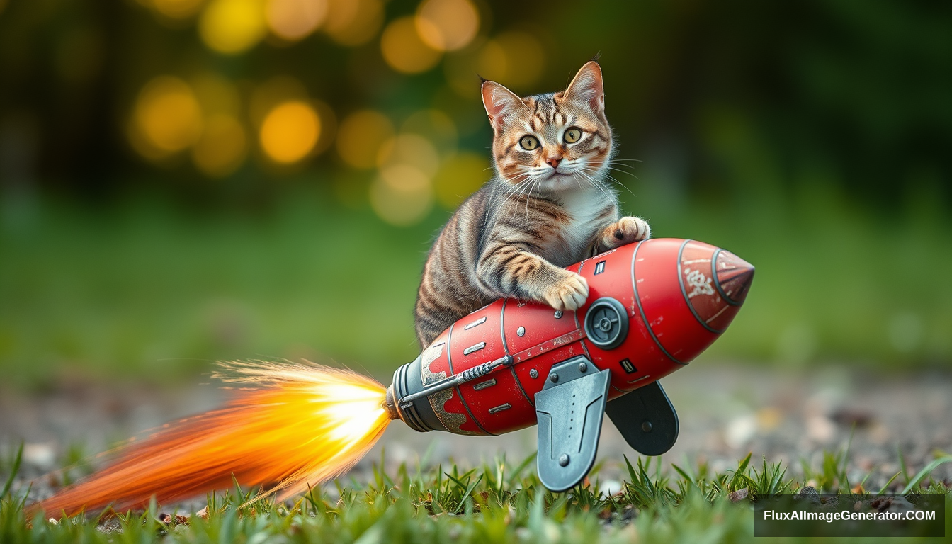 a cat riding a small rocket.