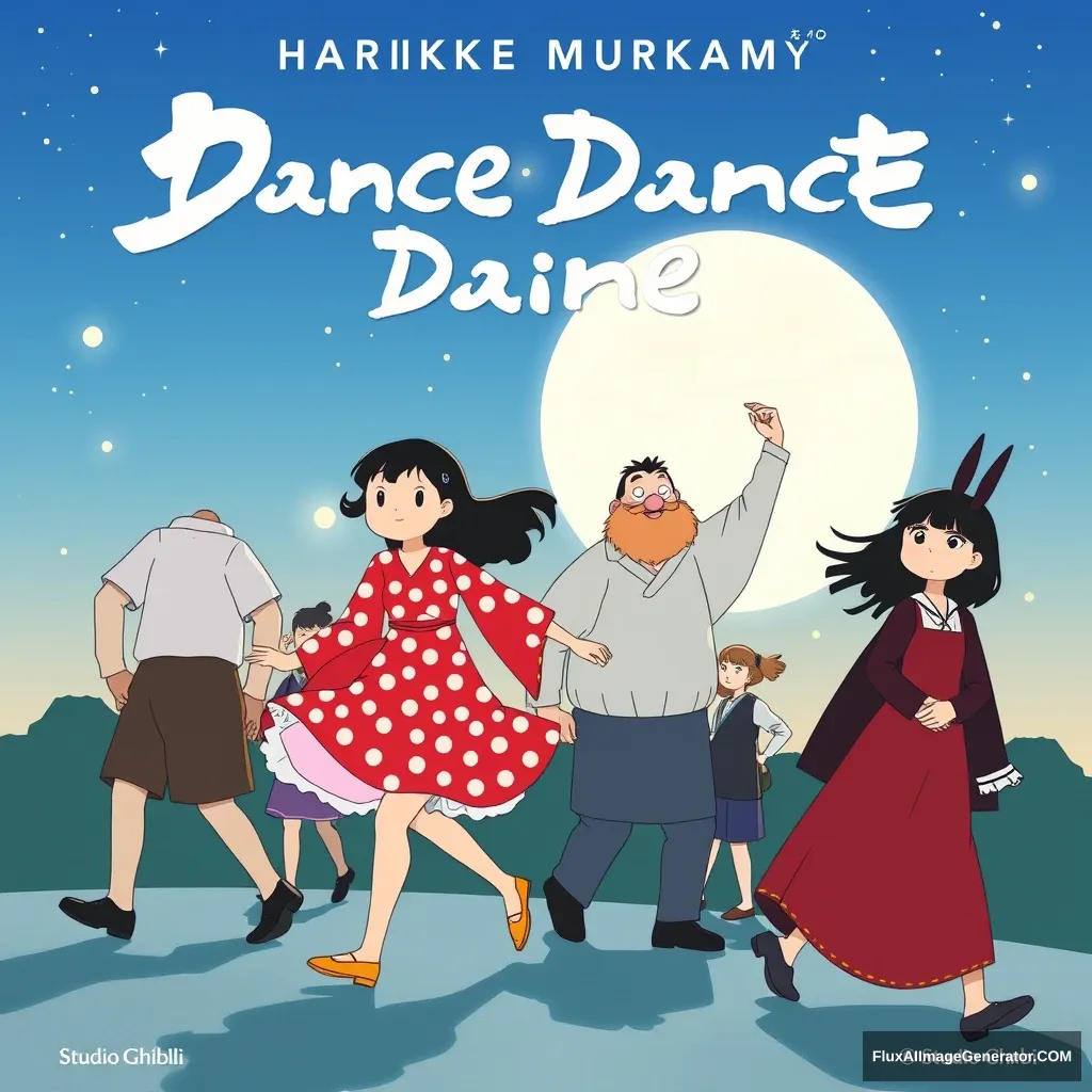 A poster with the characters that appear in Haruki Murakami's "Dance Dance Dance" in Studio Ghibli style.