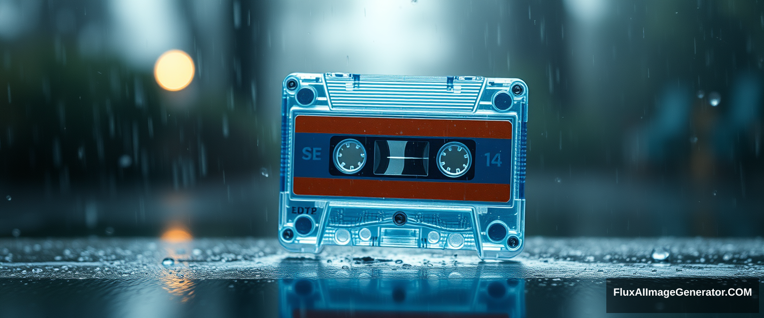 'plastic cassette flying, blue, wet with rain' - Image