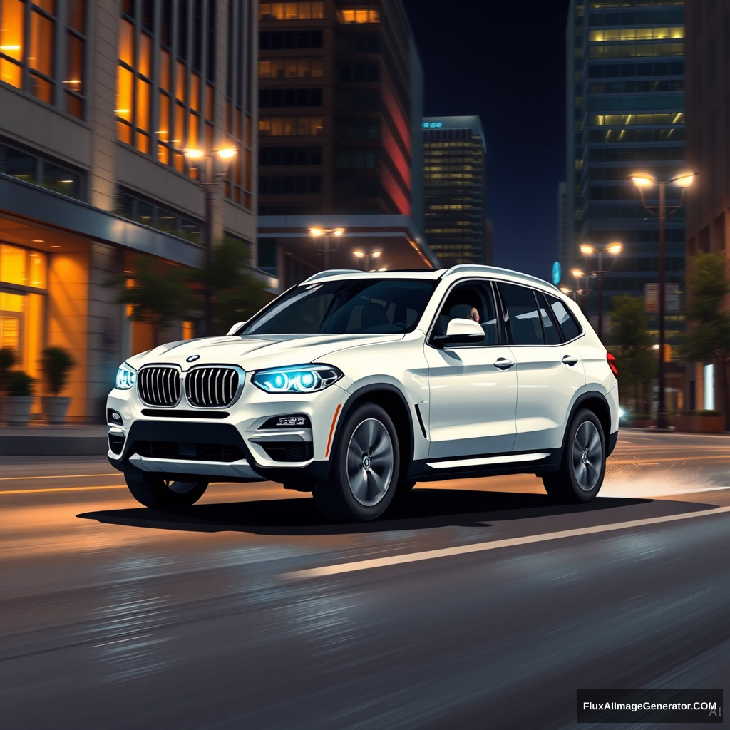 A white BMW X3 driving in Downtown Charlotte North Carolina at night, anime art style