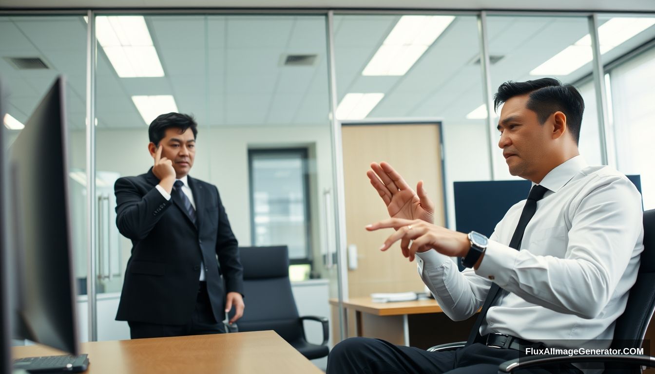 This is an office scene. ultra wide shot. There is a man in a black suit on the left side of the screen. His name is Paul, an Asian. Paul is very angry. He stands up and smacks his hand and points to the right at another man wearing a white shirt and a black tie. They are quarreling. His name is Ivan, an Asian. Ivan was sitting down, and his opponent made a blocking gesture and had a disgusted facial expression.