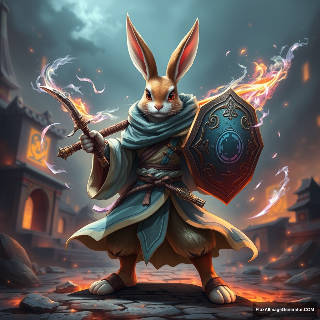 A heroic rabbit dressed in a flowing cloak, wielding a weapon and shield, standing in a defensive stance. The rabbit is surrounded by magical particle effects, with an enchanting aura and glowing runes emanating from its body, shield, and weapon. The style is a mix of traditional wuxia and fantasy, with vibrant and dynamic colors. The rabbit stands firm, prepared to block any attack, while sparks of magic dance around. The background is a mystical battlefield with ancient ruins and glowing magical symbols. - Image