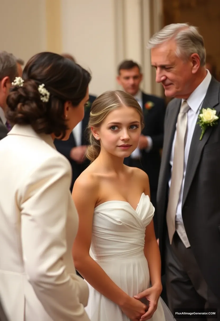 a petite young woman, sensitive, delicate, girly, backless strapless side-less low-waisted contouring wedding dress with loose front. Fawning obediently mingling with fathers. Expectations. Perfect posture. Pale skin. - Image