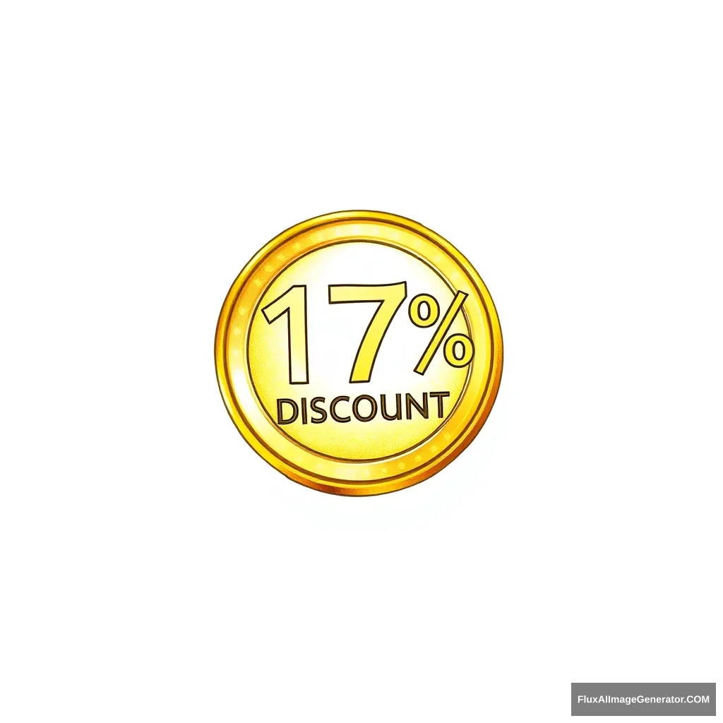 Draw a golden coin representing '17% discount'. The golden coin is very luxuriously decorated. The background is white. - Image