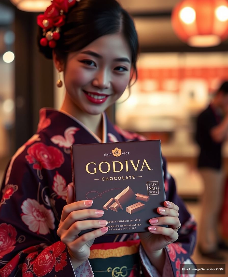 Godiva chocolate, an Asian girl in a kimono is holding it.