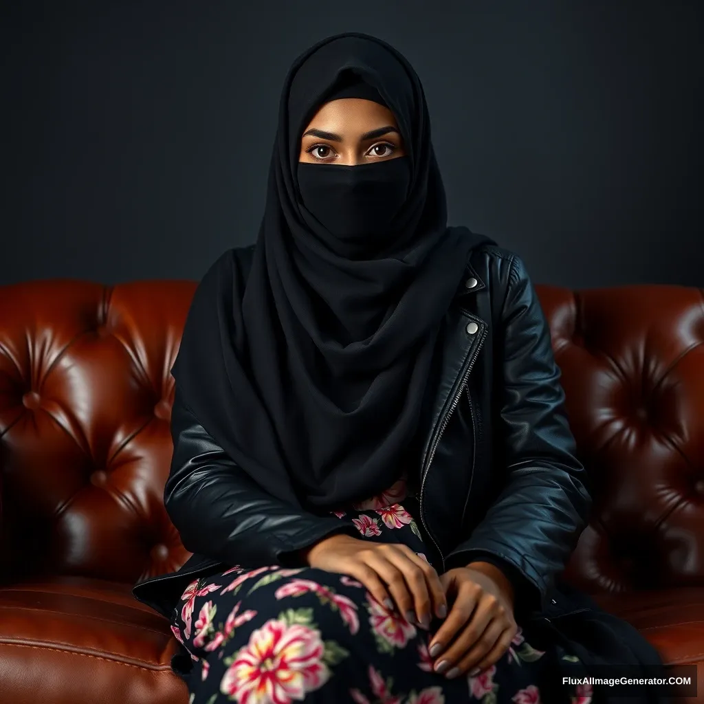 A biggest black hijab girl, burqa, beautiful eyes, black leather jacket, biggest floral long dress, sitting on leather single sofa, hyper realistic, studio photography.