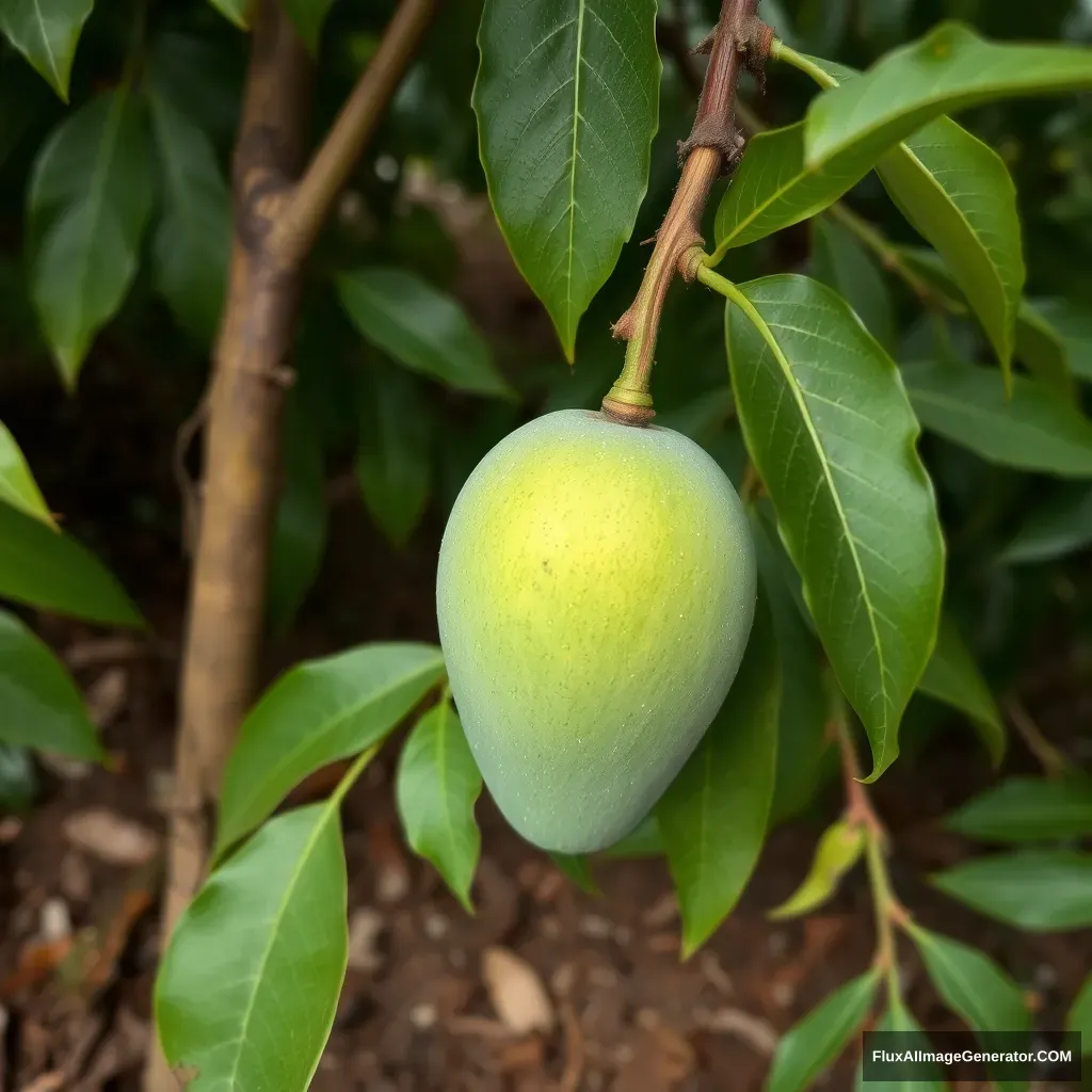 Green Mango growing on small mango plant