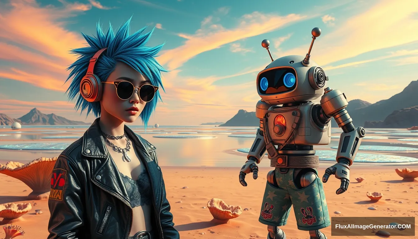 A striking, high-contrast scene showcases a punk girl with electric blue spiky hair and a leather jacket, alongside a very cute retro-futuristic robot in Hawaiian shorts, set against a surreal alien beach with iridescent fungi and shimmering lakes under a vibrant sky. - Image