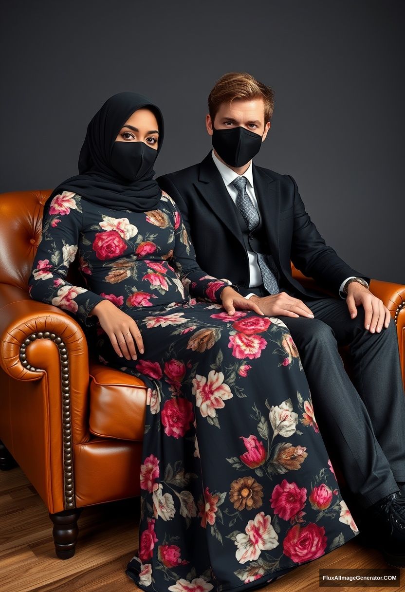 A big black hijab girl, slim girl, beautiful eyes, black face mask, wearing the biggest floral longest dress, sitting on a leather single wing sofa.

Jamie Dornan, youngest, black coat, white shirt, grey patterned tie, black leather sneakers, tall man, black face mask, fit tough body, sitting near her.

Hyper-realistic, studio photography. - Image