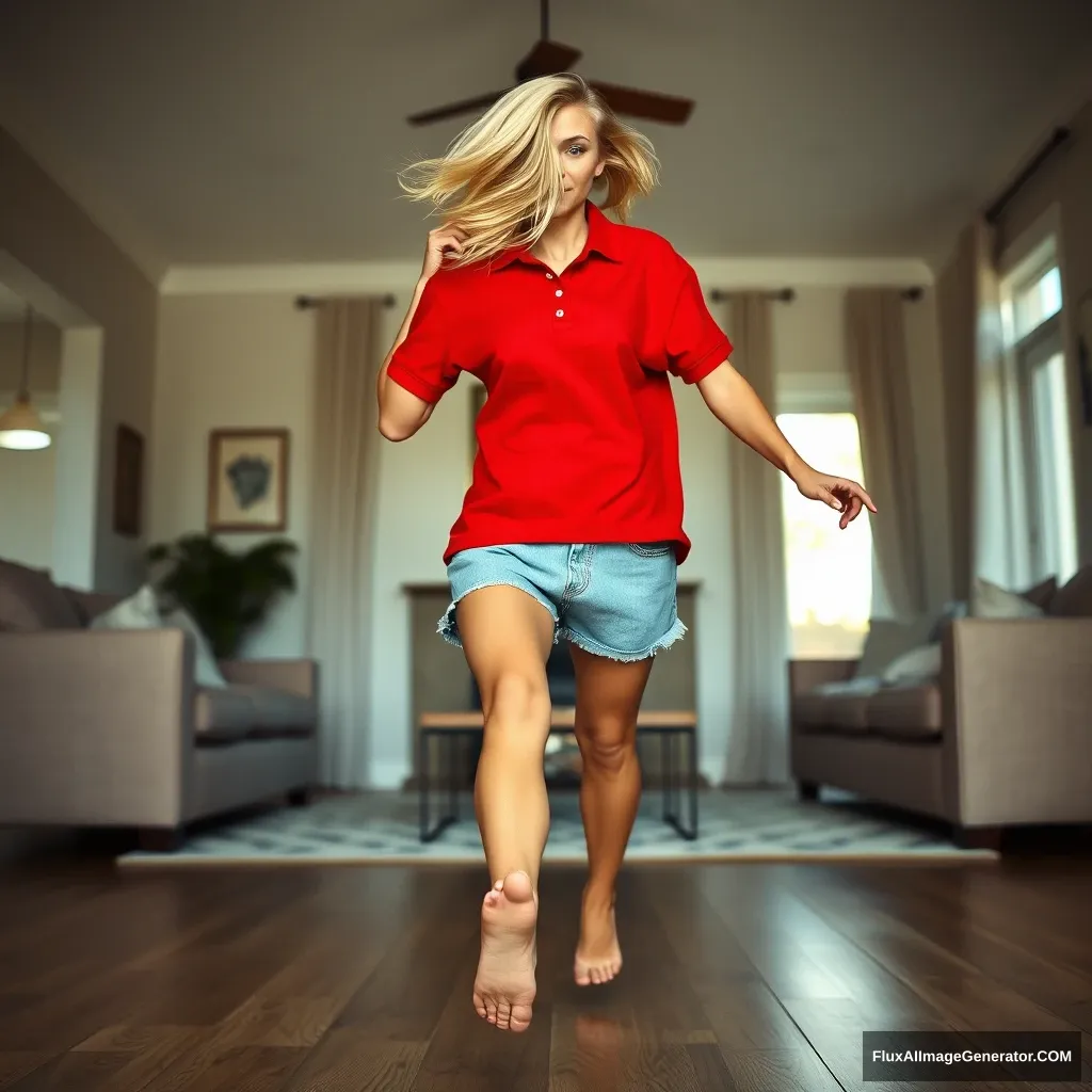 Front view of a blonde skinny woman in her large living room, wearing an oversized red polo shirt that is very unbalanced on one shoulder, and knee-height light blue denim shorts. She is barefoot and facing the camera as she gets off her chair, running towards the camera with both arms straight down at her sides. - Image