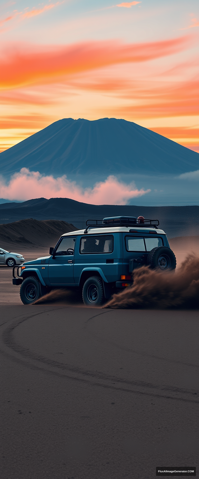 Create a wall-paint illustration of rough strokes, muted colors, a navy-blue "Daihatsu" Rugger 80s adventure car (accurately) crossing on black-greyish sand, creating a splashing of sand everywhere. Setting of Mount Bromo, East Java, Indonesia. Dust, sunset. Red blue sky. Dramatic. - Image