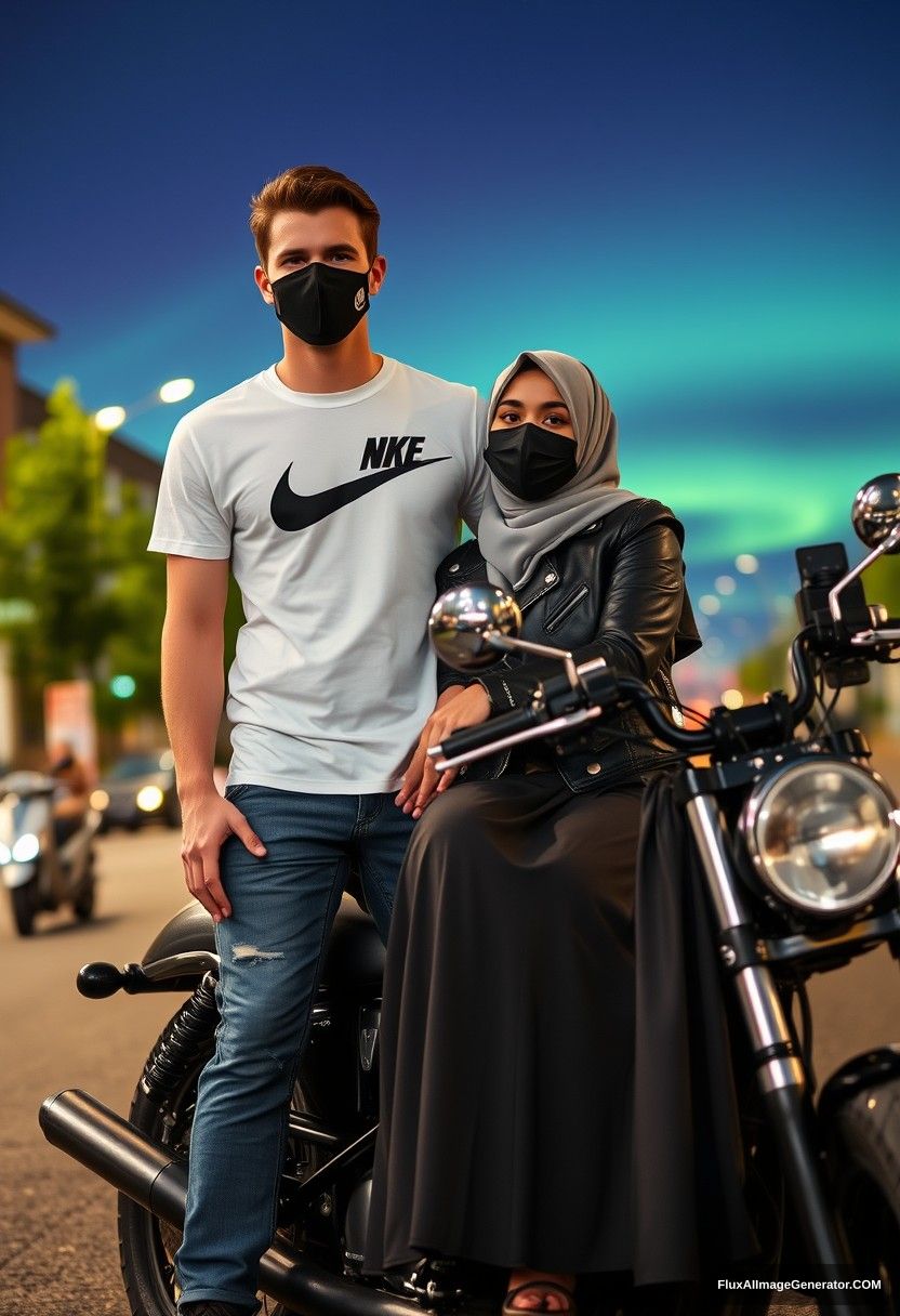 Jamie Dornan, tall, young, black face mask, white Nike t-shirt, jeans, 

dating in a romantic context with a grey hijab Muslim girl, beautiful eyes, black face mask, leather jacket, very long and big skirt, not a tall girl,  

sitting for photography on a Harley Davidson motorbike together, in town, photorealistic, street photography, night scenery, aurora borealis.