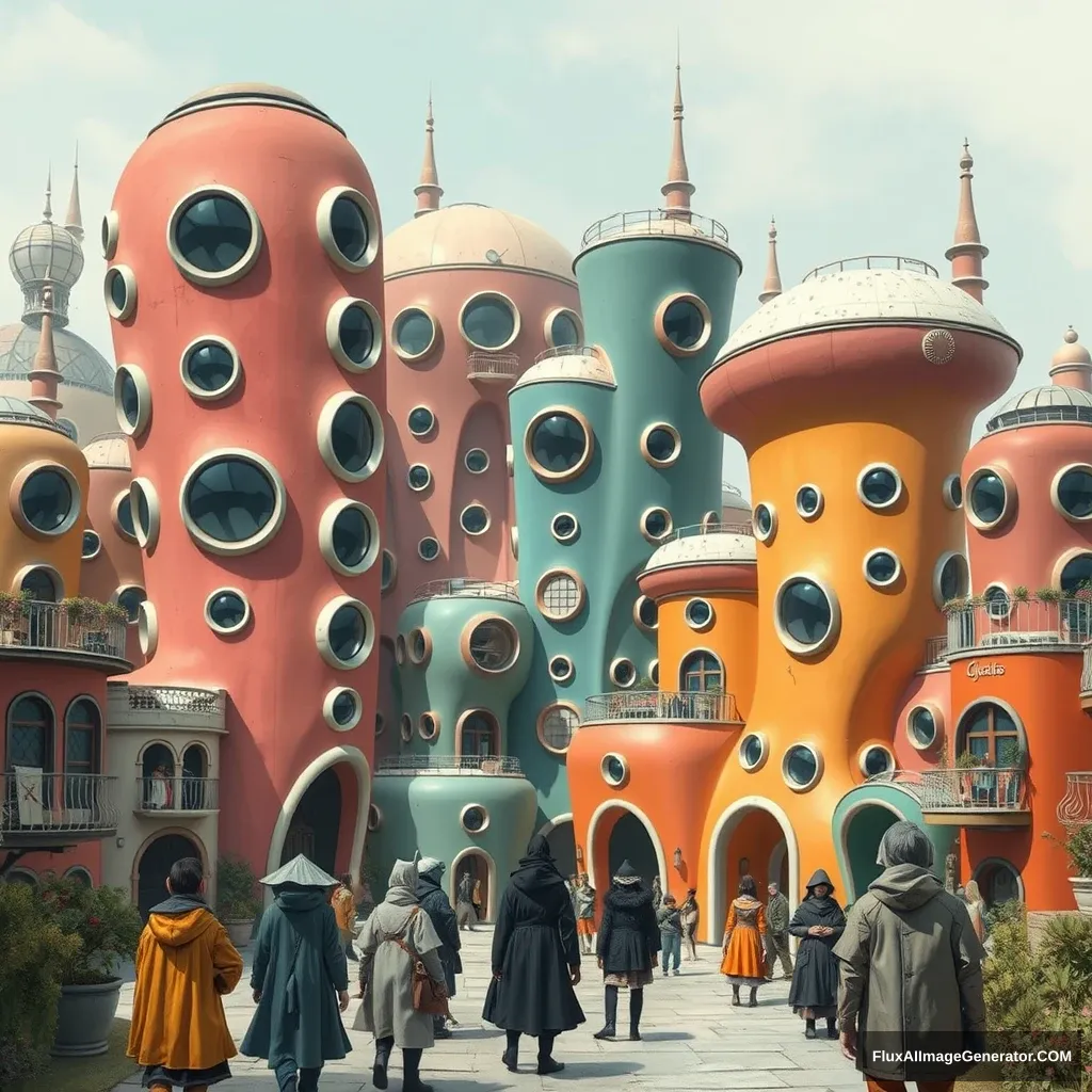 Futuristic town with morphic architecture, circular windows, each building is a different color. People are dressed in strange otherworldly clothes.