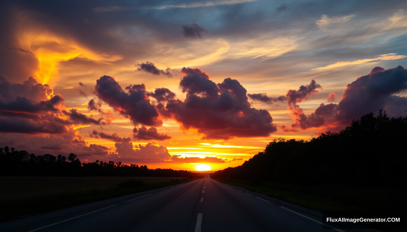 A road disappearing into the sunset with dramatic clouds and vibrant colors.