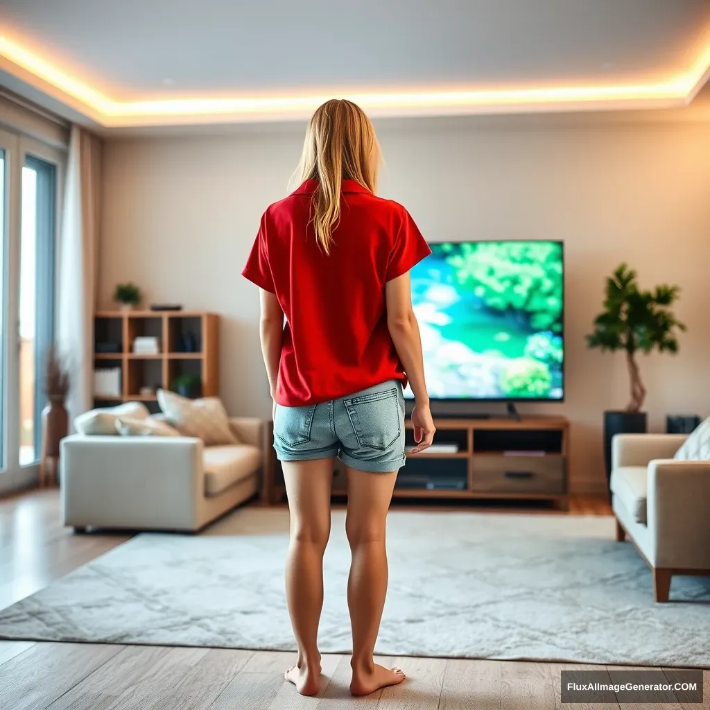 Back view of a young blonde skinny woman in her early twenties, in her massive living room, wearing a massively oversized red polo t-shirt that is really off-balance on one of her shoulders. The bottom part of her t-shirt is tucked in, and she is also wearing light blue denim shorts. She has no shoes or socks on, facing her TV with a shocked expression as she dives into the magical TV headfirst. - Image