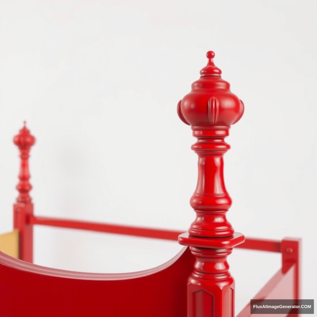 A polished red bed frame with ornate finials on white background - Image