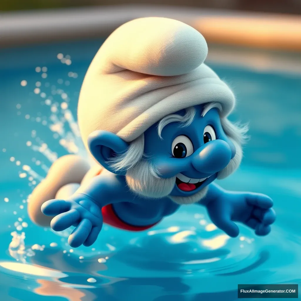 "Create an image of a Smurf diving in a pool."