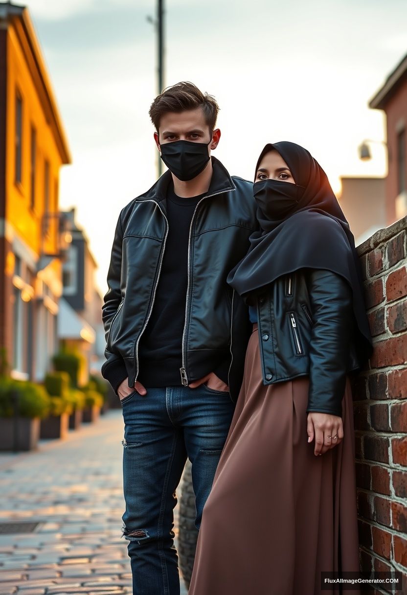 Jamie Dornan, handsome, young, wearing a black face mask, collage jacket, jeans, dating a beautiful Muslim girl in a big black hijab with beautiful eyes, wearing a black face mask, black leather jacket, and the biggest skirt, standing and laying against a brick wall in a town with morning scenery and sunrise, photorealistic street photography.