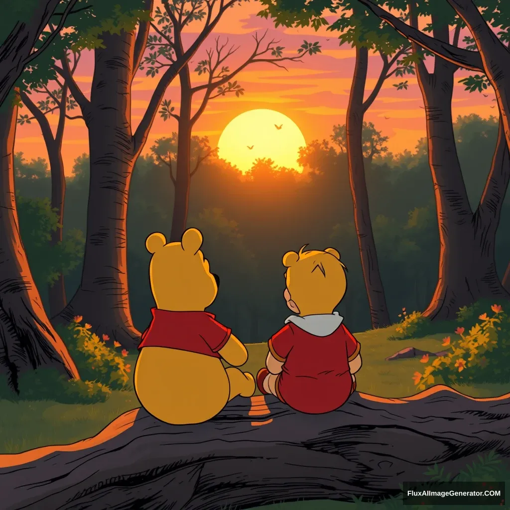 A calming scene of the Seven Acre Woods. As the sun is setting in the background, in the foreground, Winnie the Pooh and Christopher Robin are sitting on a log next to each other, facing away and watching the sun set.