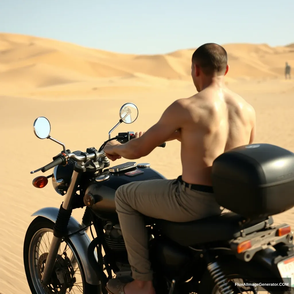 In the desert, someone is riding a motorcycle. He is hot, so he is not wearing much. His skin is very pale. - Image