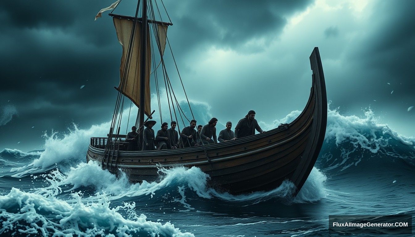 An ancient wooden ship carrying thirty men from the Lakhm and Judzam tribes is struggling through a violent storm at sea, with huge waves crashing over the deck and dark, stormy skies. Ultra HD, realistic, dramatic, and cinematic lighting.