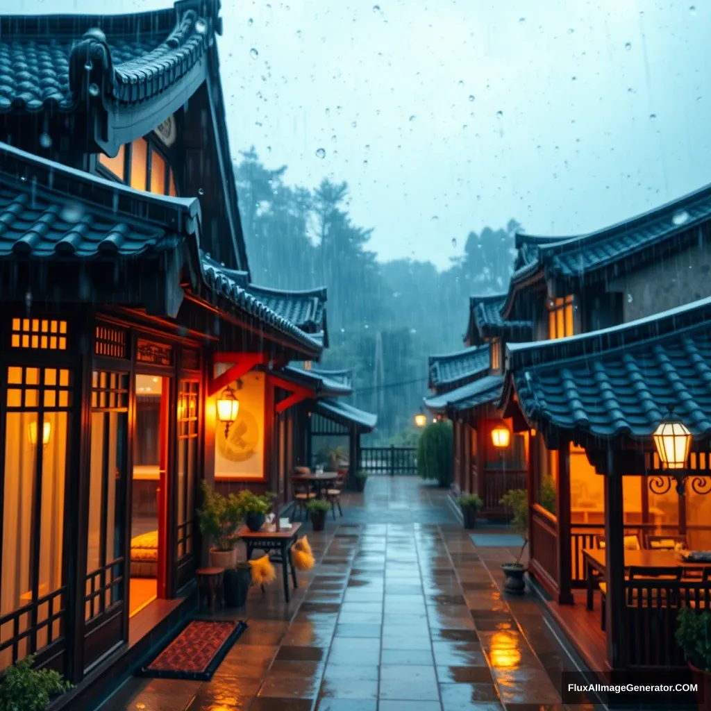 Outside view, rainstorm, a total of oriental cabins, exquisite detail design house, warm colored lighting window, aesthetic sense, comfortable, comfortable, relaxed, master composition. - Image