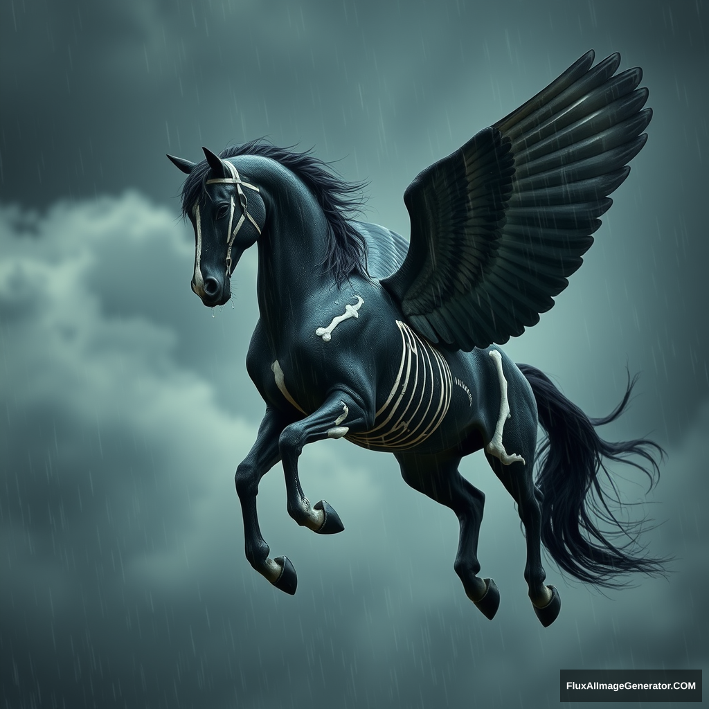 A black Pegasus flying through dark clouds while getting soaked in rain. Raindrops are flowing down the Pegasus's face and body. White bones are exposed on its chest, legs, wings, neck, and face. Photography. Side view.