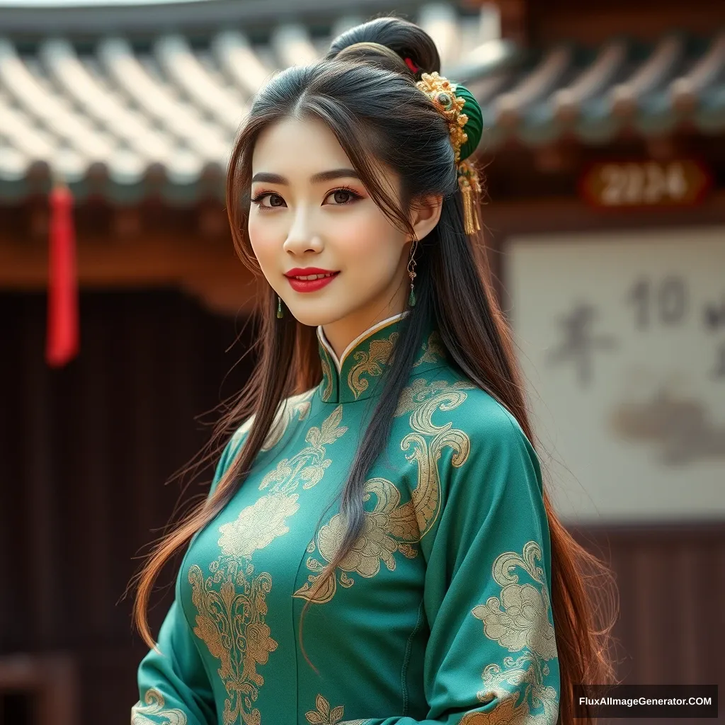 "Beautiful woman in ancient Chinese attire, wearing a fitted green costume, with an antique charm, graceful and lively, full of elegance, with long hair in traditional style and long legs." - Image