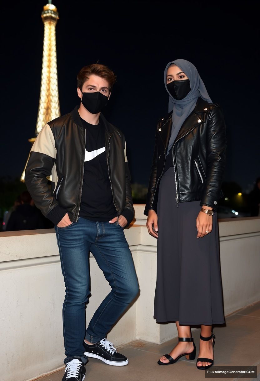 Jamie Dornan, youngest, black face mask, collage jacket, Nike t-shirt, jeans, tall man, fit body,

Dating, love with the biggest grey hijab Muslim girl, beautiful eyes, black face mask, leather jacket, biggest longest skirt, cute short girl,

standing by a wall, an Eiffel Tower, night scenery, hyper-realistic, photorealistic, street photography.