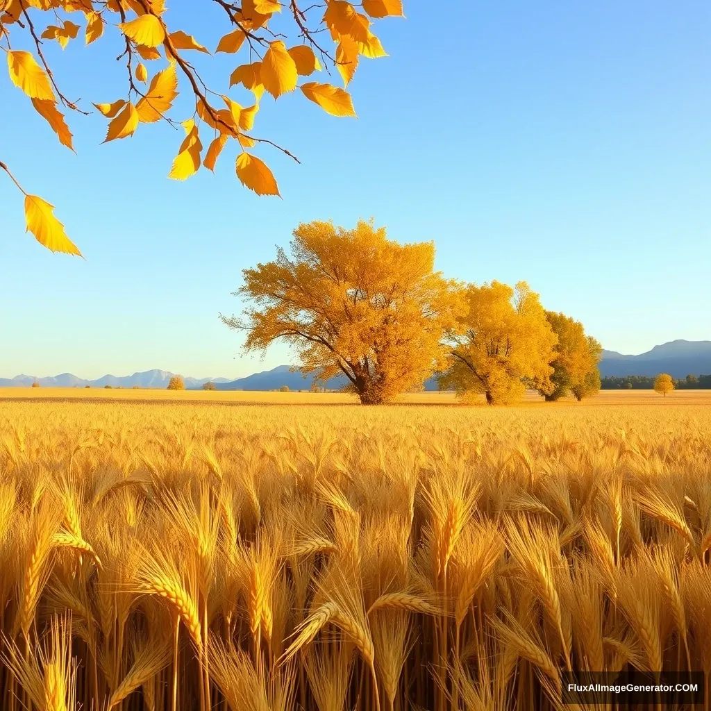 On an autumn afternoon, the sky is clear. The wheat in the entire field is golden and yellow. The surrounding trees have leaves fluttering in the wind. There are mountains in the distance. Realistic style.