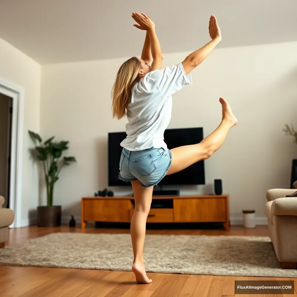 A side angle of a blonde, slim woman in her large living room, wearing an extremely oversized white T-shirt that is also lopsided on one of the sleeves. She has on oversized light blue denim shorts and is barefoot. Facing her TV, she dives headfirst into it, with her arms raised below her head and her legs lifted high in the air, positioned at a 60-degree angle. - Image