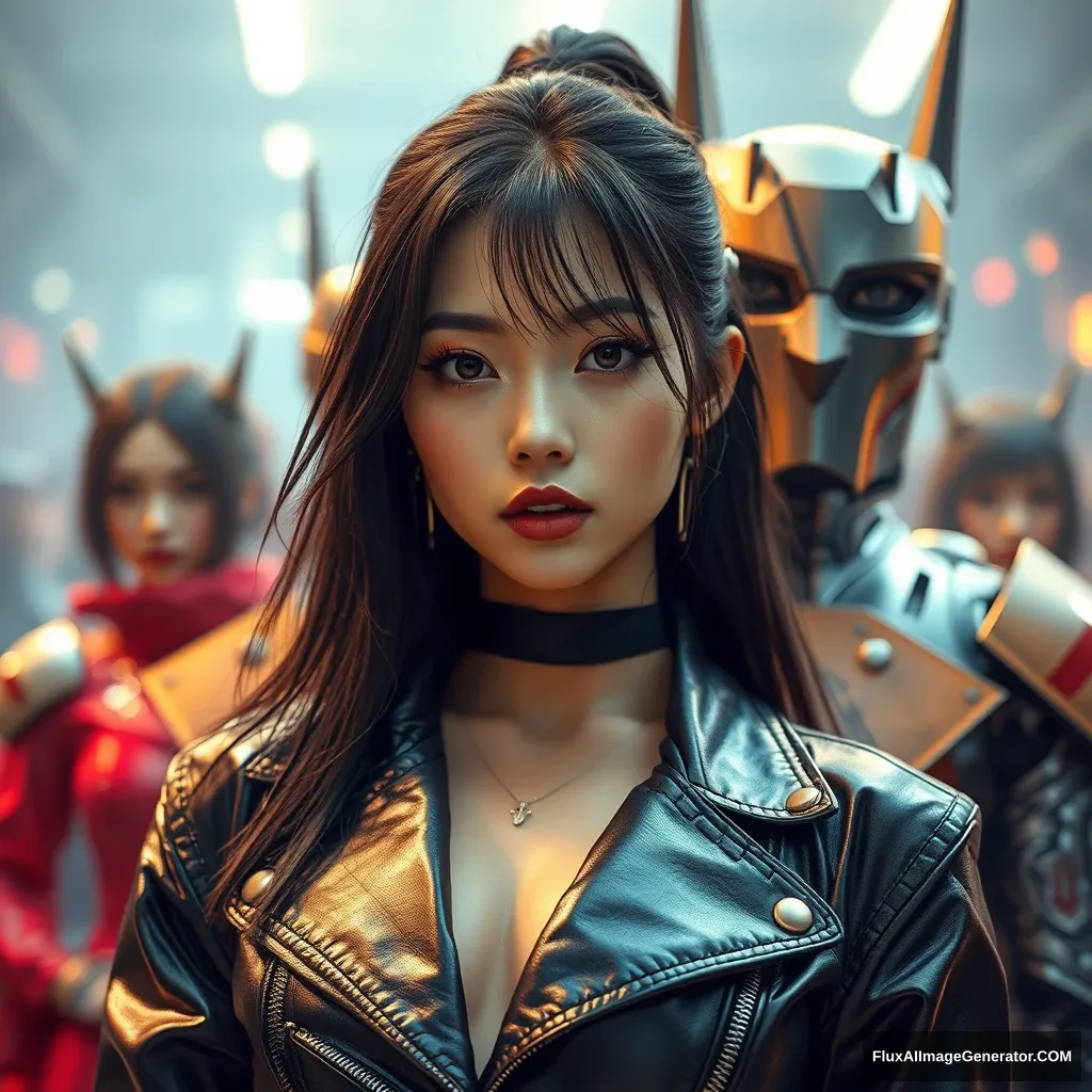 "Asian supermodel posing in front of the camera, sci-fi anime style, life-sized characters, shiny/lustrous, aurora punk, leather/hiding, romantic academic style, steel."