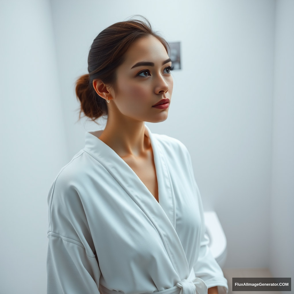 A close-up shot of a woman standing in front of a sleek, modern toilet in a minimalist bathroom. Her expression is contemplative, with a hint of introspection. The lighting is soft and white, casting an ethereal glow on her porcelain skin. She wears a simple white robe, cinched at the waist by a thin belt. The composition is tight, focusing attention solely on the woman as she ponders something profound. - Image