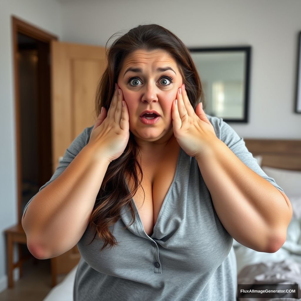 A curvy, thick 38-year-old Caucasian brunette woman is standing in her bedroom. She is wearing pajamas. She has a shocked look on her face. Both hands are on her face.