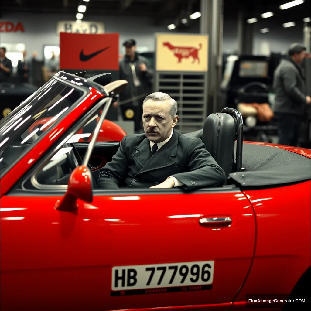 Hitler sitting in a Mazda Miata NA at a tuning spot.