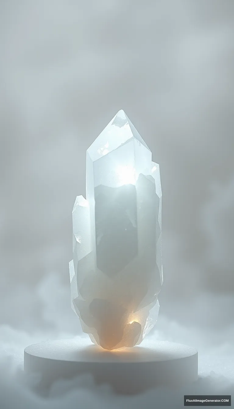 A high-resolution photograph of a magnificent White Crystal, regarded as an exquisite art piece. It is displayed in a minimalist and dreamlike scene, where the White Crystal emits a mysterious and alluring luster. The light plays delicately on its surface, revealing the hidden potential for energy elevation and the formation of a powerful energy field. The background is a hazy and soft color, enhancing the magical atmosphere and the sense of good fortune. The photograph captures every detail of the crystal with clarity and precision, showcasing its power to attract positive energy. Fine art style, using a top-quality camera, soft lighting, HD quality, natural look.