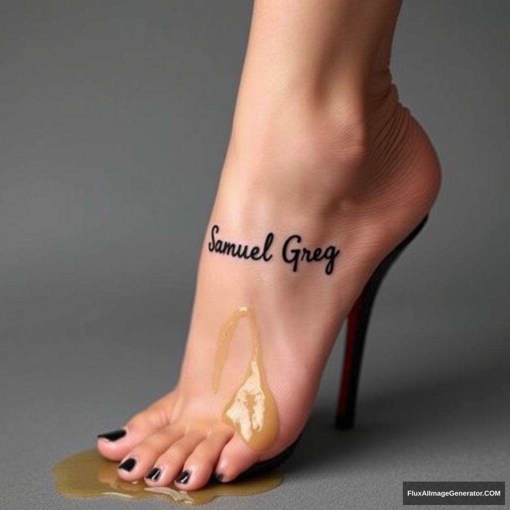 The name "Samuel Greg" on a woman's foot in a black high heel. There is oil all over the foot.