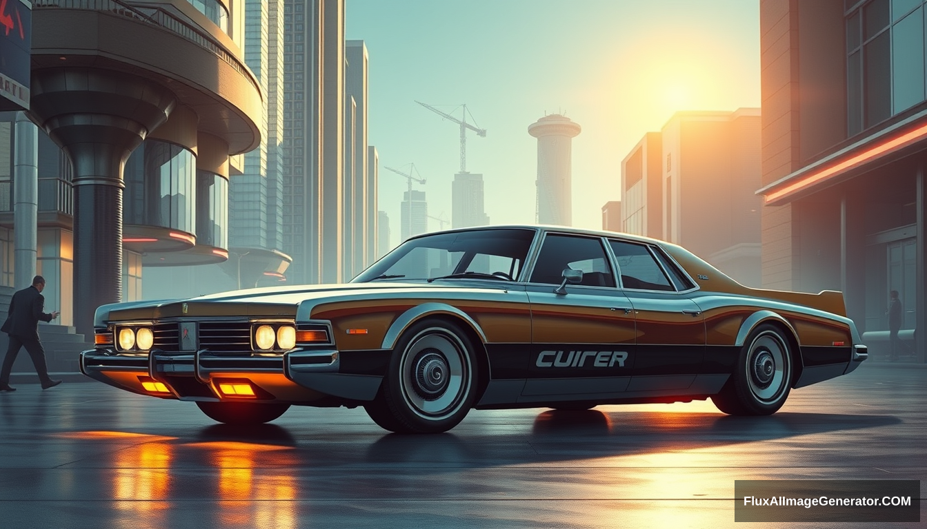 a 1970s futuristic luxury sedan concept, as painted by Syd Mead, future city setting, 4k. - Image