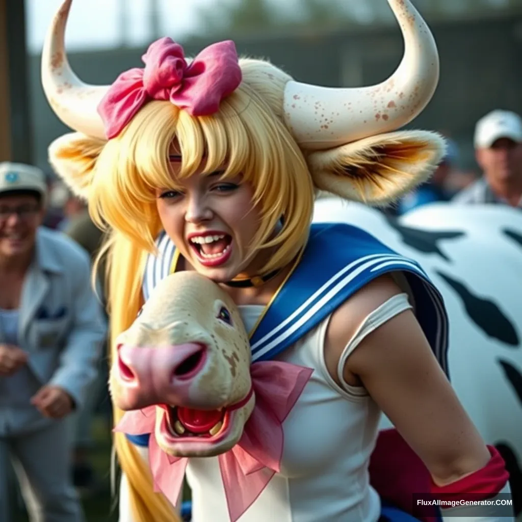 Photograph of real life Sailor Moon excellently captures her panicking and freaking out as she is turned into a highly obscene and perverse bovine hybrid. - Image