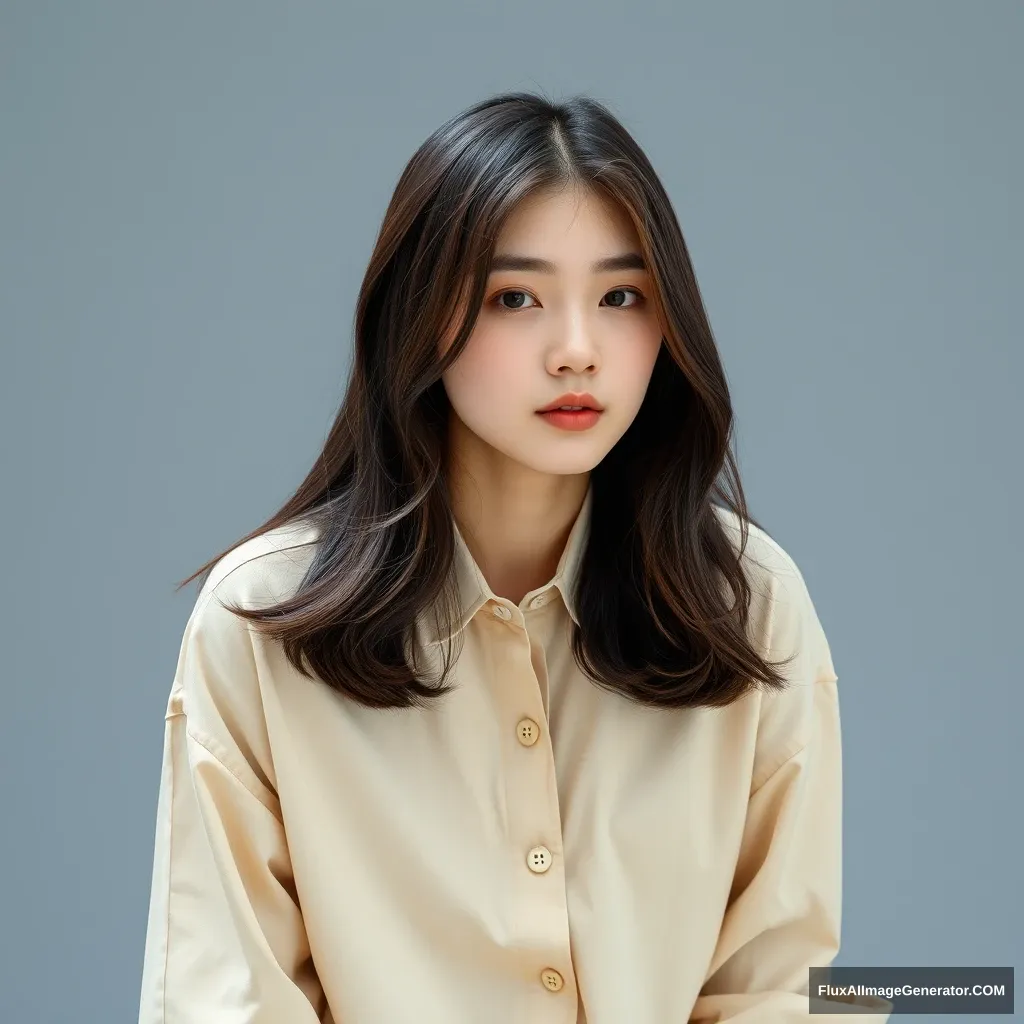 A photo of a pretty young Korean model, in a beige buttoned shirt, baggy and flowy, full-body portrait, leaning forward.