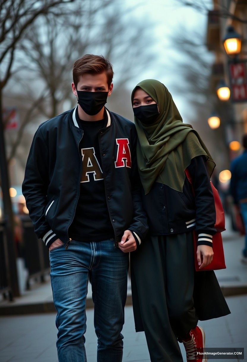 Jamie Dornan, young, black face mask, collage jacket with a capital A, jeans, red sneakers, on a romantic date with a beautiful Muslim girl in an army green hijab, beautiful eyes, black face mask, college jacket, wearing the longest skirt, red high-top sneakers, not tall girl, photorealistic, realistic, street photography, full photography.