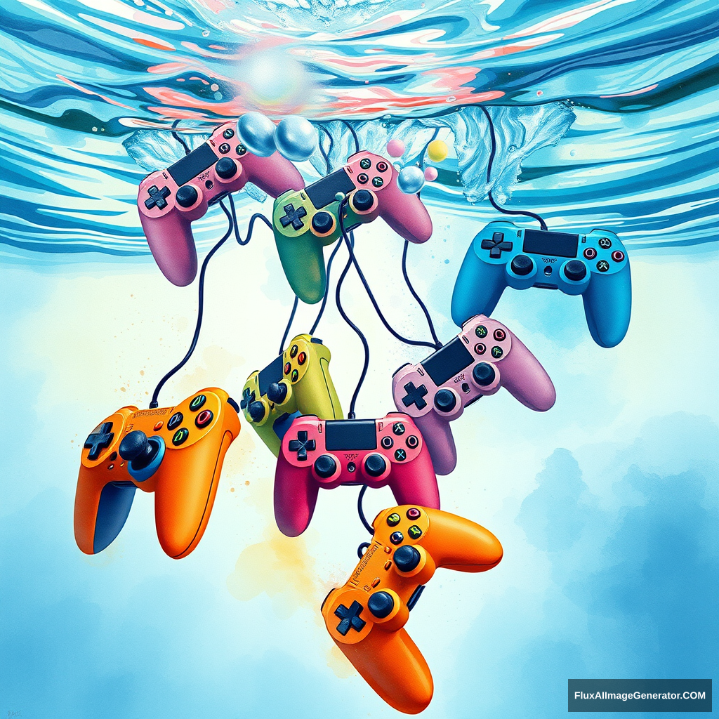 watercolor art piece, multiple colorful game controllers cascading into crystal-clear water, visually depicting the sensation of drowning, expressive ripples and splashes, dynamic movement, subtle blending of hues, creating a hypnotic underwater scene, serene yet melancholic atmosphere, high-contrast details 4K, evoking a sense of loss and nostalgia amidst whimsical imagery, illustration, neon sign. - Image