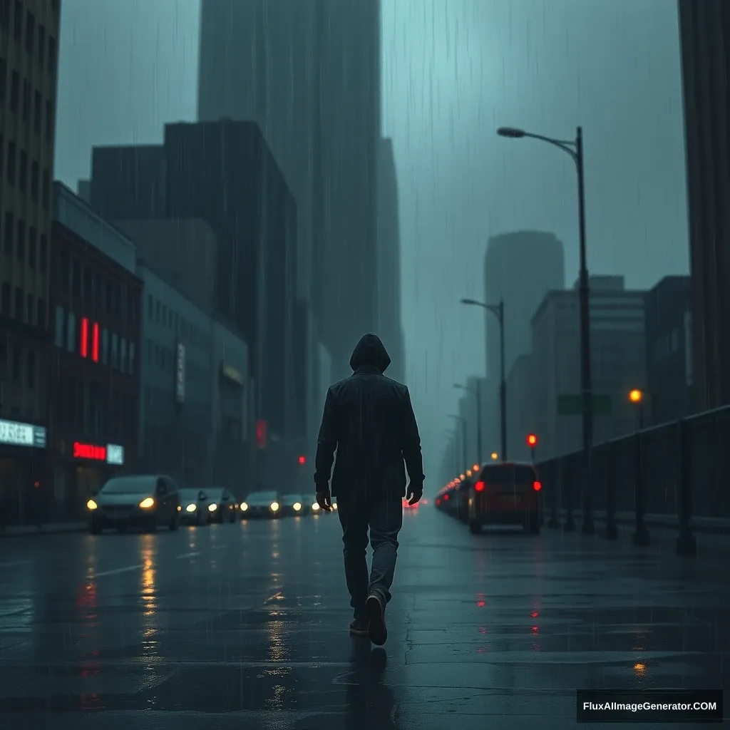 'A gloomy atmosphere, a city, a person walking in the rain, someone watching them menacingly from behind.'