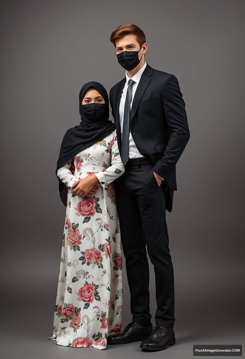 A big black hijab girl, beautiful eyes, black face mask, the biggest white floral longest dress, not tall, standing, holding his arm

Jamie Dornan, youngest, black suit coat, white shirt, grey patterned tie, black leather sneakers, tall man, black face mask, fit tough body, standing near her, love couple

hyper-realistic, studio photography, photorealistic - Image