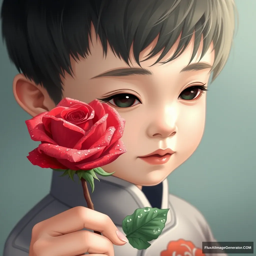 A Chinese boy holding a rose in his hand, with glistening dewdrops on the petals. - Image