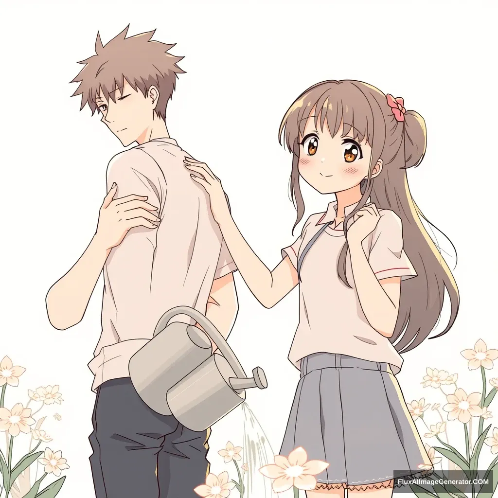 Anime lineart, front view of a handsome tall boy watering the flower and looking back while a girl standing behind puts both hands on his shoulders; she tilts her head and looks curious.