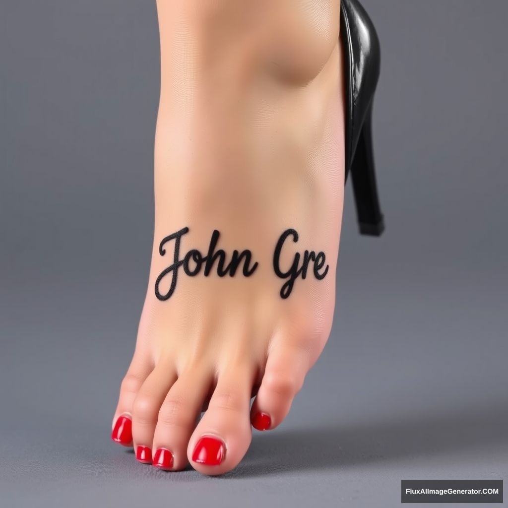 A woman's foot with the name "John Greg" on it. She is wearing black heels and her toenails are painted red.