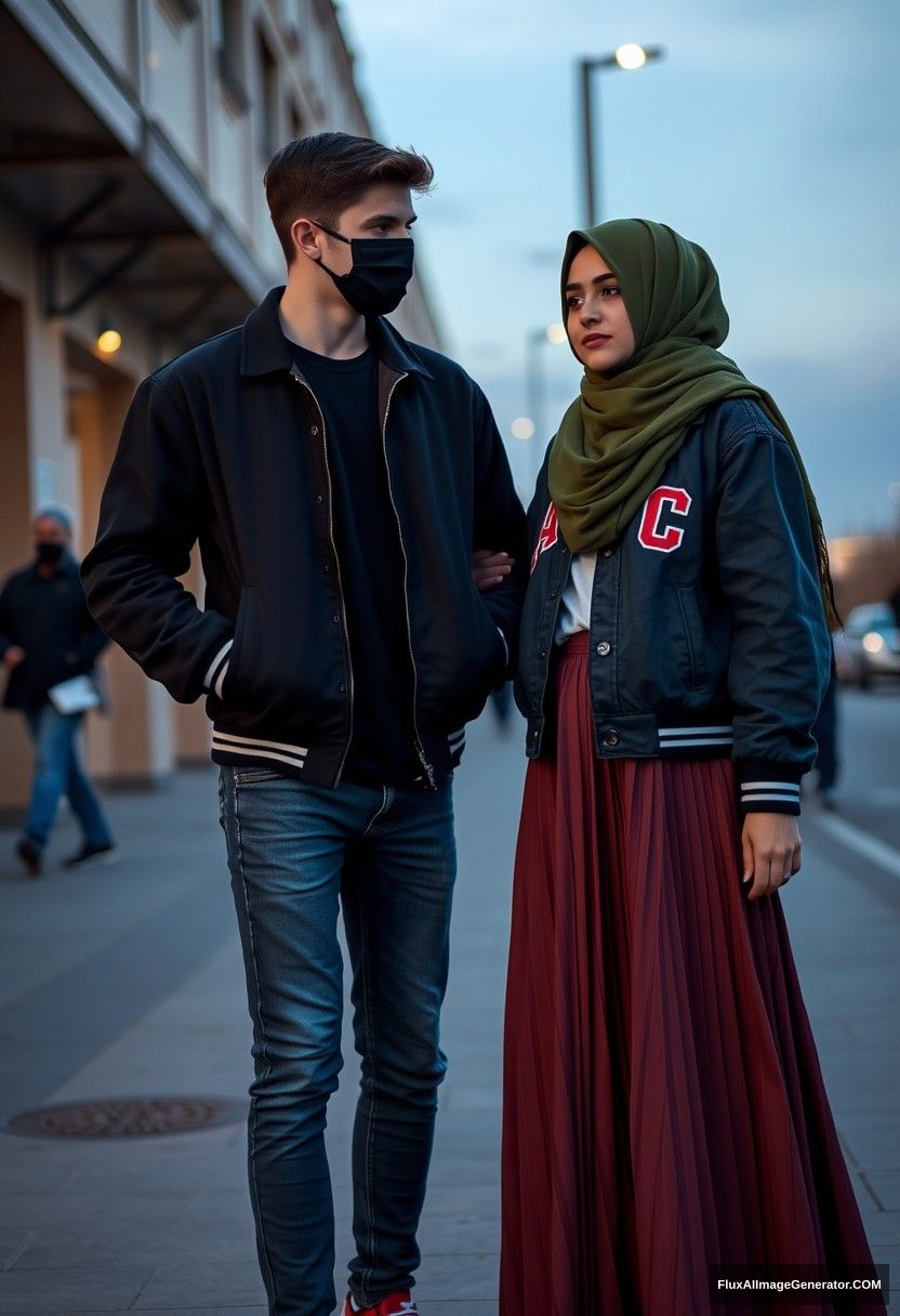 Jamie Dornan, young, black face mask, capital A collage jacket, jeans, red sneakers, dating love romantic with the biggest army green hijab, beautiful eyes, black face mask, college jacket, biggest longest skirt, not tall girl, photorealistic realistic, street photography, full photography.